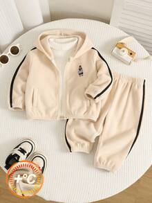 SHEIN 2pcs Baby Boy Baby Girl Baby Boy Contrast Color Woven Tape Small Stand Collar Long Sleeve Fleece Jacket & Elastic Waist Long Pants Set Suitable For Autumn And Winter - Multicolor - View 3