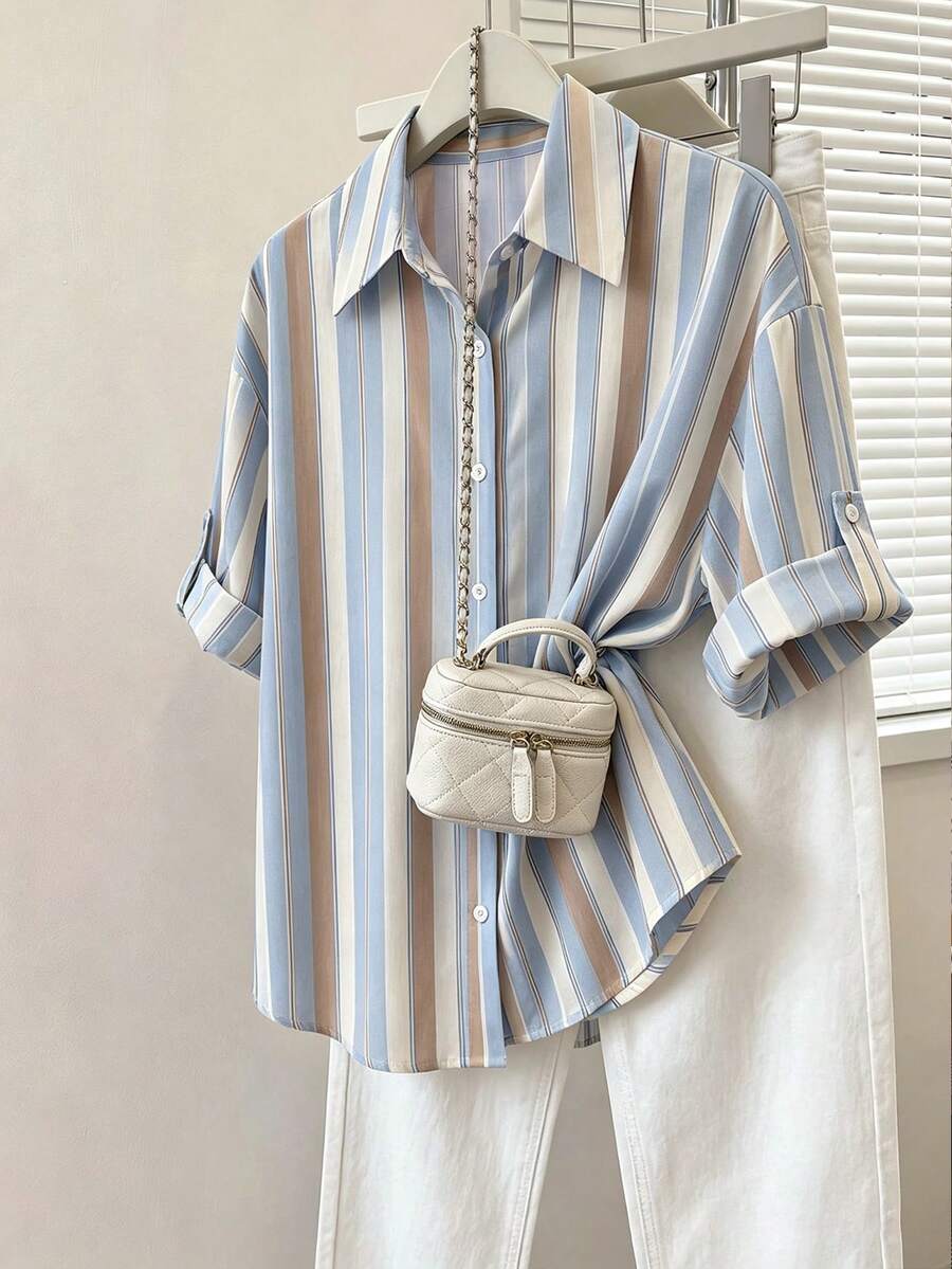 Franclia 女款條紋捲袖單排扣休閒襯衫 - 彩色 - 查看 1