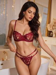LuxeNights Set 2 potong Bra Satin Patchwork Renda Bordir Ukuran Standar Wanita + Celana Dalam Segitiga Jala Patchwork Renda Bordir - Burgundy - View 3