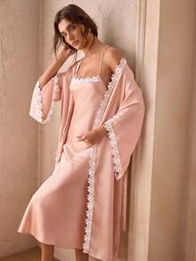 Charlaine 2pcs Women Elegant Satin Camisole Dress & Robe Sleepwear Set - Coral Pink - View 1