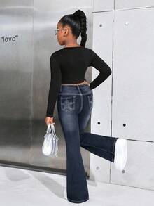 SHEIN Quần jeans ống loe phong cách Y2K cho bé gái tuổi teen, họa tiết ngôi sao đính đá, thích hợp cho mùa thu tựu trường. - Rửa tối - Xem 5
