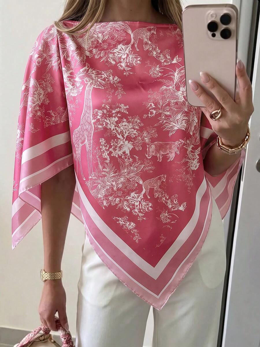 Aloruh 女款春夏度假新款船領方巾上衣,適合度假、約會、海灘、海邊,粉色花卉浪漫優雅 - 粉色 - 查看 1
