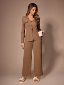 Lazeform Women's Vintage Textured Lapel Long Sleeve Wide Leg Drape Elastic Loungewear Set - Coffee Brown - View 4