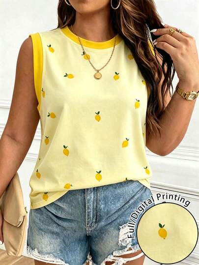 EMERY ROSE Atasan Wanita Kasual Ukuran Besar Tanpa Lengan Leher Bulat Motif Lemon Bahu Lebar
