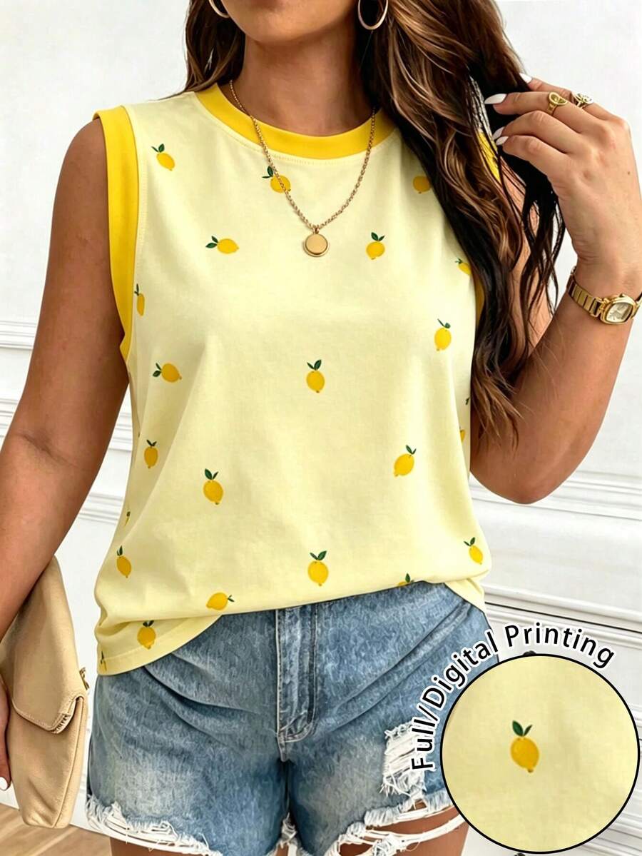 EMERY ROSE Blusa casual de mujer talla grande sin mangas cuello redondo con estampado de limones y hombros anchos - Multicolor - Ver 1