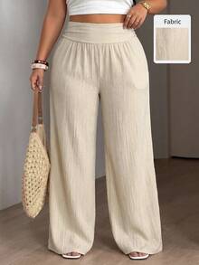 SHEIN PETITE CURVE Pantalones de pierna ancha con cintura fruncida de unicolor para mujer talla grande otoño - Albaricoque - Ver 4