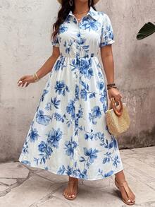 Ceyna Plus Size Women's Summer Short Sleeve Dress, Elegant Shirt Collar Tie Waist Midi Dress, Suitable For Casual, Vacation And Commute Occasions, Daily Wear, Party, Date, Shirt Dress, Floral Dress - Blue and White - View 2