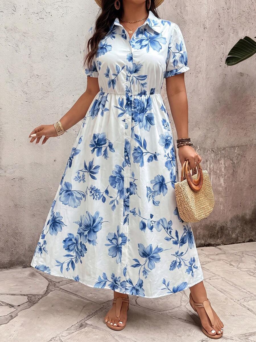 Ceyna Plus Size Women's Summer Short Sleeve Dress, Elegant Shirt Collar Tie Waist Midi Dress, Suitable For Casual, Vacation And Commute Occasions, Daily Wear, Party, Date, Shirt Dress, Floral Dress