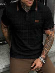 EGENSIO Men's Knitted Jacquard Solid Color Textured Collar Cuff Ribbed Two-Patch Black Patch Chest Patch Polo Shirt - Black - View 3