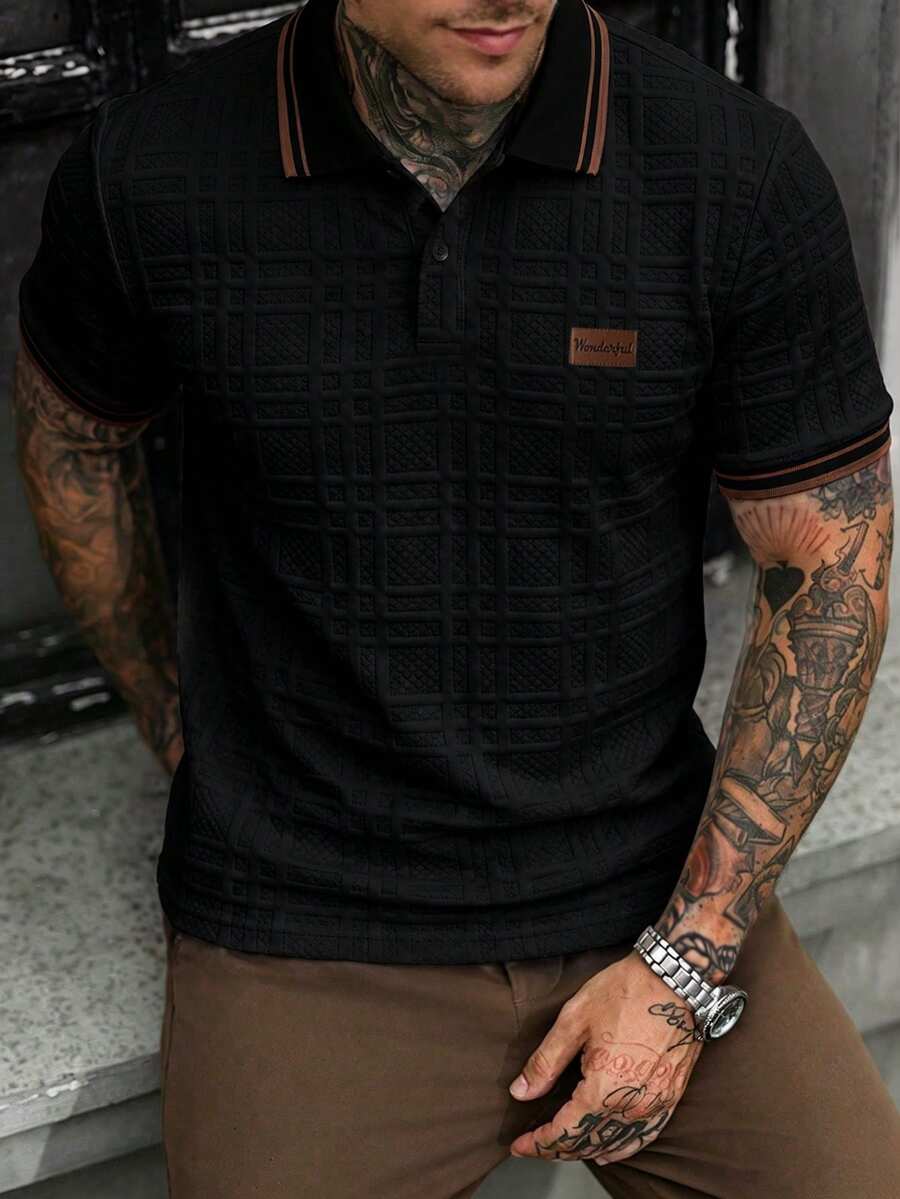 EGENSIO Men's Knitted Jacquard Solid Color Textured Collar Cuff Ribbed Two-Patch Black Patch Chest Patch Polo Shirt - Black - View 1
