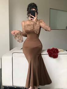 Dazy Tall Women's Elegant Satin Lace Patchwork Round Neck Long Sleeve Flare Sleeve Dress Fall Wedding Guest Dress Women - Brown - View 5