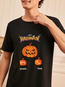 Provexi Provexi Halloween Pumpkin Print Short Sleeve Loungewear Top - Black - View 2