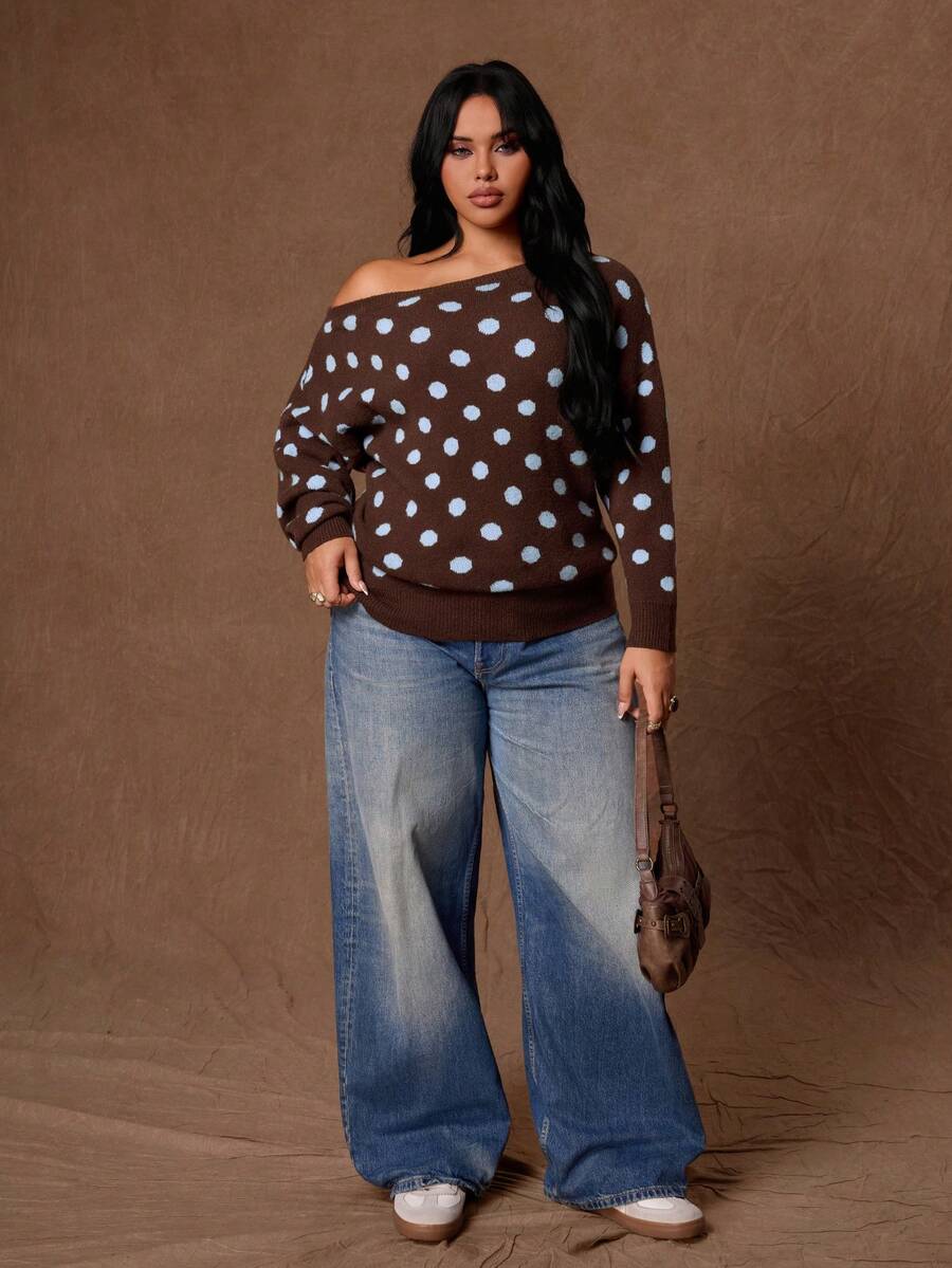 Rustia Plus Size Women's Polka Dot Asymmetric Shoulder Casual Daily Long Sleeve Sweater Fall - Multicolor - View 1
