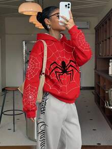 SHEIN EZwear 女款休閒寬鬆運動衫，蜘蛛印花，秋冬服飾 - 彩色 - 查看 7