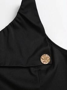 Sweetra New Office Commute Design Asymmetric Shoulder Fitted Top With Metal Buckle Decor And High Waist Wide Leg Pants 2 Pieces Set, Slimming Old Money Style Professional Outfit - Black - View 5