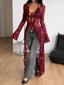 Coolane Women's Fall Streetwear Casual Party Beach Vacation Night Club Night Music Festival Lace Straps And Ruffled Ribbons Burgundy Long Cover-Up - Burgundy - View 5