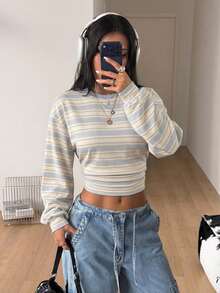 Coolane 女款韓系街頭風條紋拼色短版收腰長袖運動衫 - 白色 - 查看 3