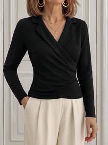 Miaspire Blusas elegantes, cruzadas con cuello en V, blusas sociales para el trabajo, alta elasticidad, cálidas y suaves, negras, ajuste ceñido con fruncido, para oficina y fiestas, ropa de otoño e invierno - Negro - Ver 6