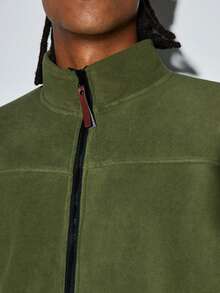 Modcrash Men's Casual Stand Collar Full Zip Minimalist Fleece Long Sleeve Jacket, Fall/Winter Fall/Autumn/Winter - Army Green - View 8