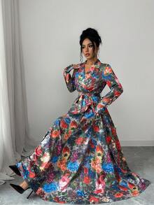 Elenzga Lapel Collar Waist Bow Tie Print Floral Long Sleeve Dress - Multicolor - View 3