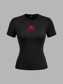 SHEIN EZwear 萬聖節哥德風 Y2K 蜘蛛/蜘蛛網圖案 T恤 2件組 - 彩色 - 查看 5