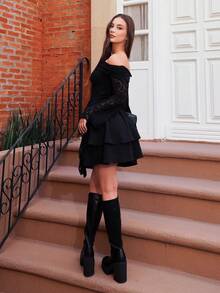 Duda Rubert Plain Color Double Layer Skirt, Simple & Fashionable, Suitable For Summer Ruffle Skirt Black - Black - View 2
