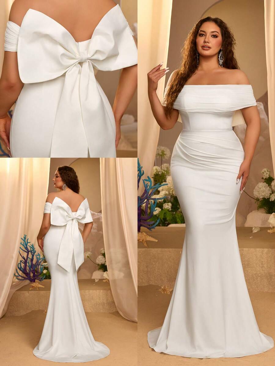 Glamrae Plus Size Elegant Luxurious White Off-Shoulder Ruched Waist Big Bow Decor Fitted Bodycon Mermaid Tail Skirt With Train For Wedding Party Bachelorette - White - View 1