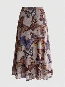 ROMWE Fairycore Plus Size Women Forest Style Moth Multi-Color Floral Plant Mesh Print A-Line Skirt - Multicolor - View 2