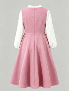 Girls' Spring/Autumn Back To School, Fall Dresses, Design Contrast Color Patchwork Ruffle Hem, Rose Red 3D Bow, Fall Clothes School Clothes - Multicolor - View 2