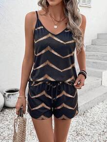 EMERY ROSE Fashionable Casual Basic Vintage Black & Gold Glass Print V-Neck Camisole + Shorts 2-Piece Set - Multicolor - View 5