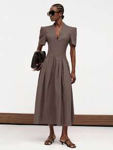 Aveloria Modichic European American Style Spring/Summer Fashion Solid Color V-Neck Cinched Waist Pleated Full Skirt High Long Dress Slim A-Line Macaron Grey Elegant - Coffee - View 5