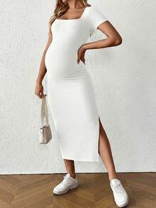 SHEIN Maternity Casual Solid Color Side Slit Fitted Dress, Summer - White - View 7