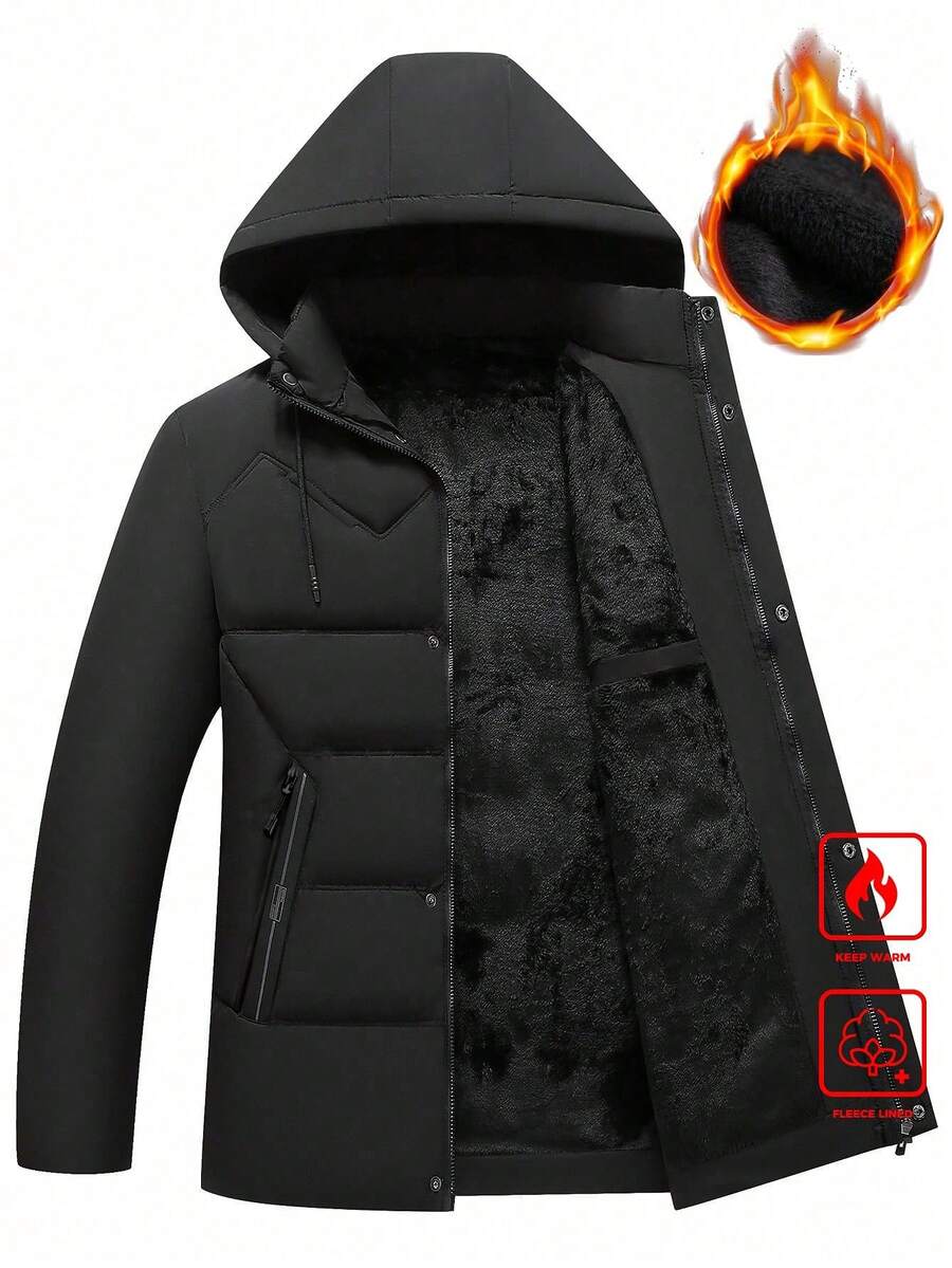 Manfinity Homme Men's Solid Color Long Sleeve Zip-Up Hooded Winter Jacket - Black - View 1