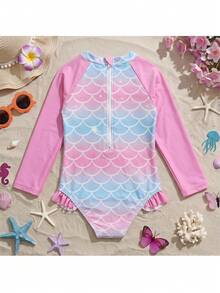 THE HAPPY LOOK Young Girls T-Shirt Co-Ords Baby One-Piece Swimsuit Long Sleeve Colorblock Raglan Sleeves Mermaid Print Ruffle Hem Ocean Print Pink Multicolor Cute Style Cute Print Vacation Style Suitable For Baby Spring Summer Outings Spring Trips Vacation Pool Beach Sand Baby Swimwear - Multicolor - View 2