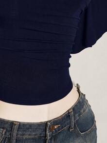 SHEIN ICON 女款素色不對稱領休閒百搭日常上衣 - 藏蓝色 - 查看 11