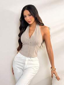 SHEIN PETITE 女款棉質條紋立領單排扣背心薄款西裝外套 秋冬款 - 駝色 - 查看 7