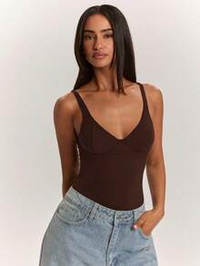 SHEIN BAE Women's Solid Color Fitted Versatile Everyday Cami Camisole - Coffee Brown - View 5
