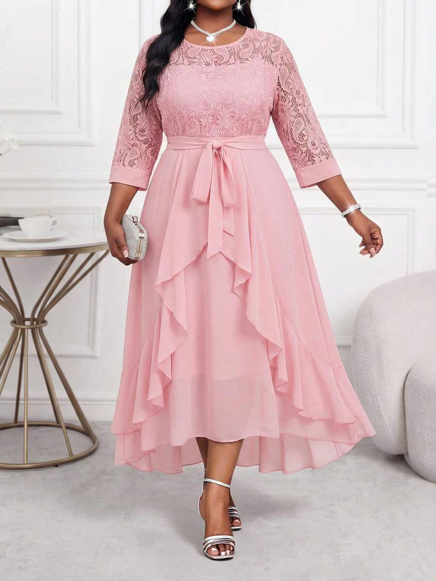 SHEIN Lady Elegantes Midi-Kleid Große Größen für Damen, rosa, mit Spitze, Stickerei, Cut Out Ärmeln, Rüschen und Lagen, für Herbsthochzeiten, Abendveranstaltungen, Gäste, Ninang, Business und Lehrer - Altrosa - Übersicht 1