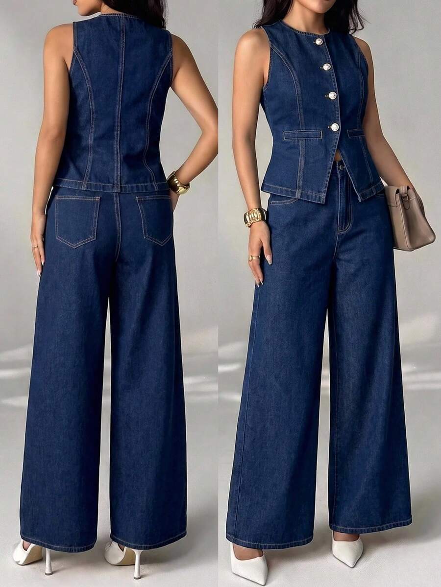 SHEIN PETITE Women's Fashion Button-Up Top And Loose Wide-Leg Jeans Set - Blue - View 1