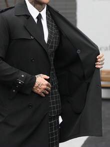 Manfinity CasualCool 男士雙排扣黑色秋季優雅晚宴風衣，簡約缺口領長版大衣，適合送給丈夫或男友的週年紀念禮物 - 黑色 - 查看 7