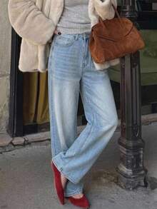 Livesso Women's High Waist Button Light Wash Blue Solid Color Loose Straight Leg Wide Leg Casual Denim Jeans Fall - Light Wash - View 1