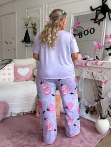 Slumberry CURVE Sweet INS Cute Halloween Pumpkin Bat BOO Print Comfortable Loose Knit Plus Size Pajama Set - Mauve Purple - View 2