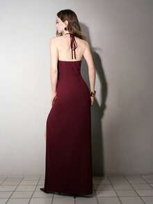 MOTF PREMIUM HIGH SLIT HEM SPAGHETTI STRAP CAMI DRESS WITH TASSEL - Rose Red - View 2