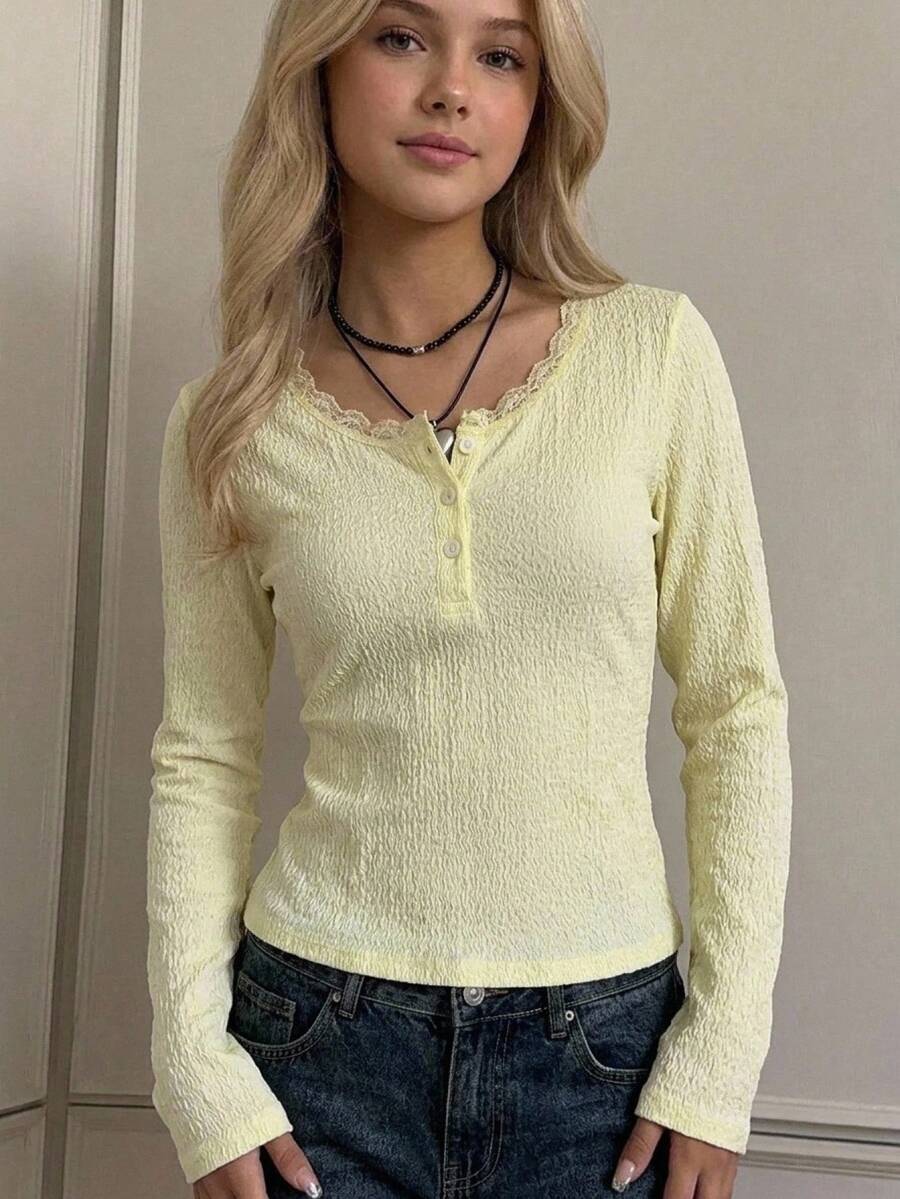 SHEIN Teen Girl American V-Neck Button Slim Fit Y2K Style Long Sleeve T-Shirt, Street Casual Style, Suitable For Casual Commute Versatile Back-To-School - Yellow - View 1