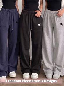 青少年女孩抽繩腰騎士圖案休閒日常運動長褲 - 黑色 - 查看 3