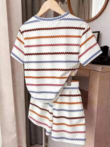 1 Random Set From 2 Designs. New Soft Fabric Crewneck Pullover T-Shirt & Elastic Waistband Shorts | Cute Spring/Summer/Autumn Daily Wear - Multicolor - View 2