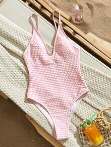 Swim Mod Women's Spaghetti Strap V-Neck Plaid Special Fabric Vacation Sexy High Leg One-Piece Swimsuit - Pink - View 4