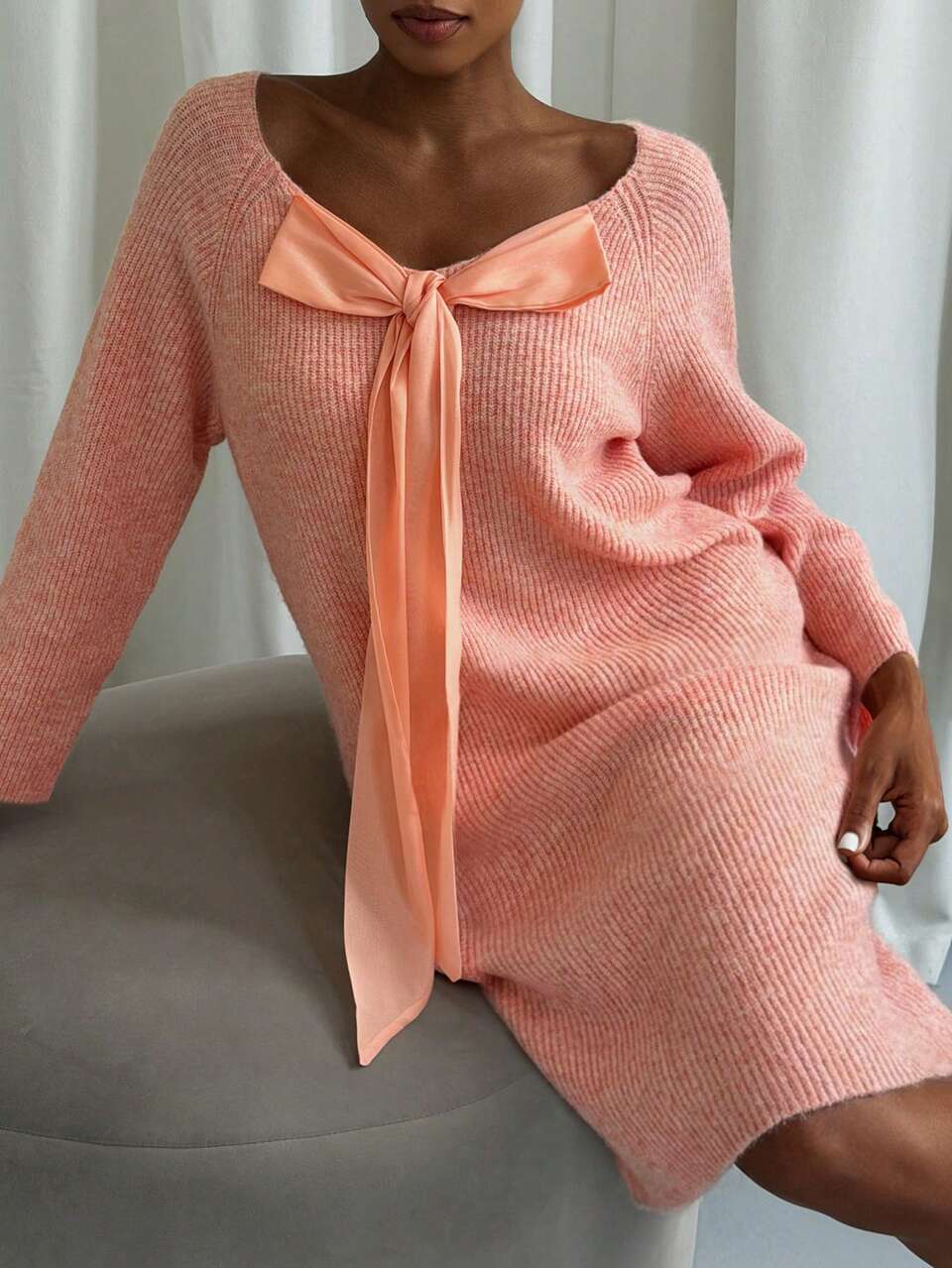 Winter Pink Sweet 3D Bow Decor Knitted Loose Short Women's Nightgown