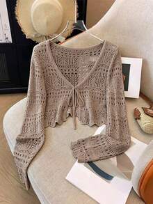 Franclia New Solid Color Hollow Crochet Sun Protection Cardigan Women Versatile Outerwear Knit Cardigan - Mocha Brown - View 1