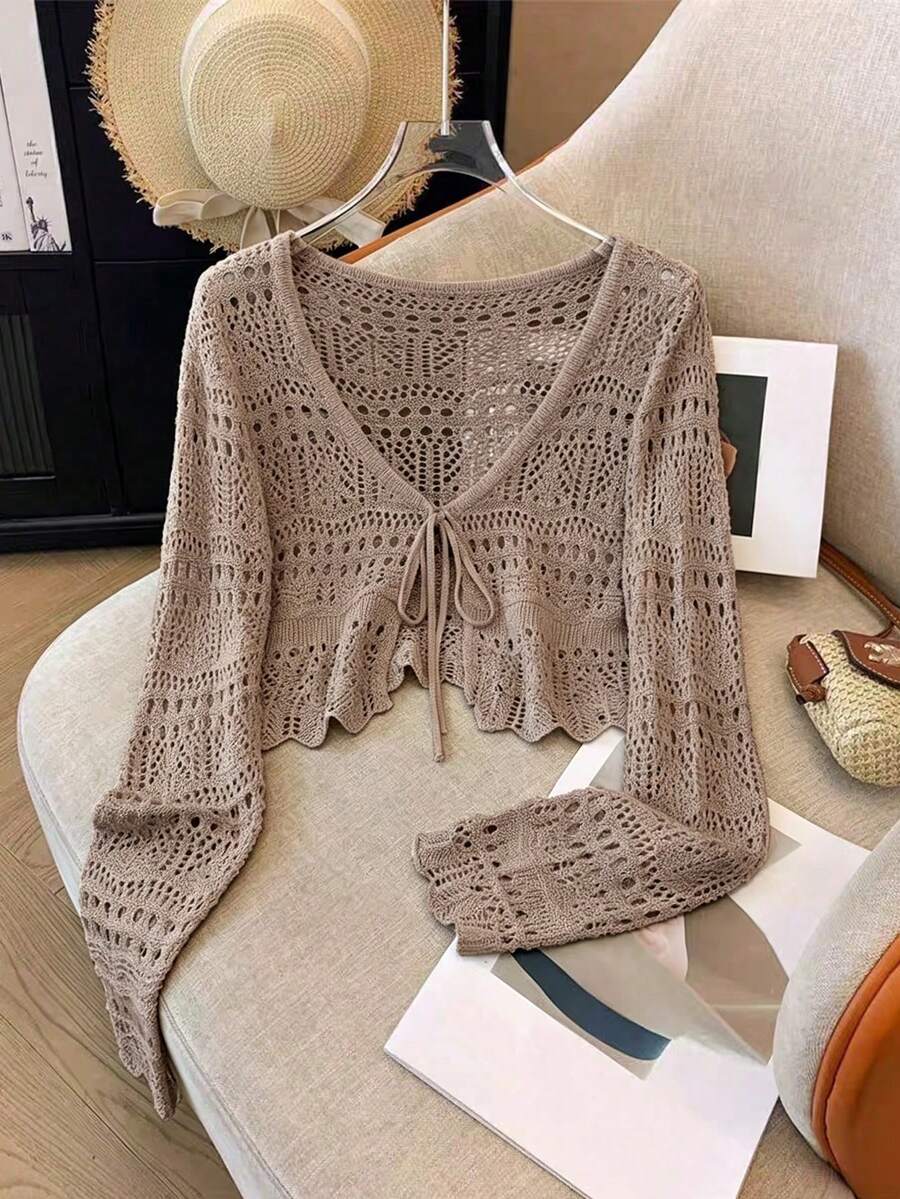 Franclia New Solid Color Hollow Crochet Sun Protection Cardigan Women Versatile Outerwear Knit Cardigan - Mocha Brown - View 1